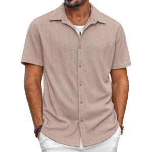 imagePJ PAUL JONES Mens Button Down Shirts Casual Short Sleeve Shirts Summer Knit Textured ShirtKhaki