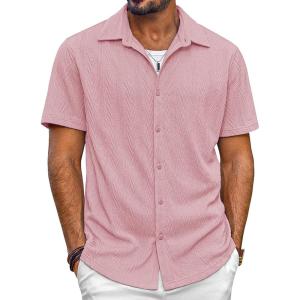 imagePJ PAUL JONES Mens Button Down Shirts Casual Short Sleeve Shirts Summer Knit Textured ShirtPink