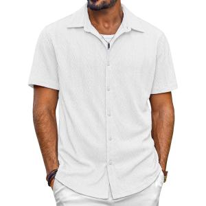 imagePJ PAUL JONES Mens Button Down Shirts Casual Short Sleeve Shirts Summer Knit Textured ShirtWhite