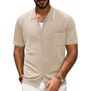 imagePJ PAUL JONES Mens Knit Polo Shirts Casual Short Sleeve Shirt Summer Button Down ShirtsApricot