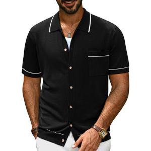imagePJ PAUL JONES Mens Knit Polo Shirts Casual Short Sleeve Shirt Summer Button Down ShirtsBlack