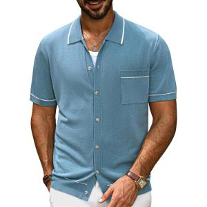 imagePJ PAUL JONES Mens Knit Polo Shirts Casual Short Sleeve Shirt Summer Button Down ShirtsGrey Blue