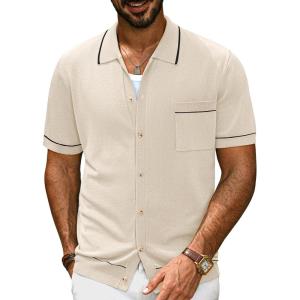 imagePJ PAUL JONES Mens Knit Polo Shirts Casual Short Sleeve Shirt Summer Button Down ShirtsWhite