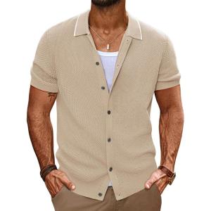 imagePJ PAUL JONES Mens Knit Shirts Short Sleeve Button Down Shirt Vintage Polo Shirt Casual Summer Beach ShirtsApricot