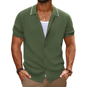 imagePJ PAUL JONES Mens Knit Shirts Short Sleeve Button Down Shirt Vintage Polo Shirt Casual Summer Beach ShirtsArmy Green