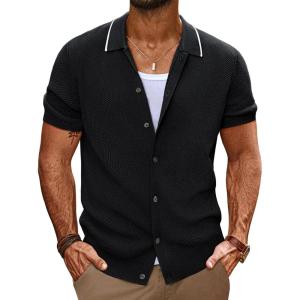 imagePJ PAUL JONES Mens Knit Shirts Short Sleeve Button Down Shirt Vintage Polo Shirt Casual Summer Beach ShirtsBlack
