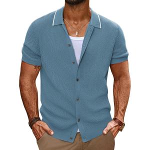 imagePJ PAUL JONES Mens Knit Shirts Short Sleeve Button Down Shirt Vintage Polo Shirt Casual Summer Beach ShirtsBlue Gray