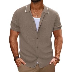 imagePJ PAUL JONES Mens Knit Shirts Short Sleeve Button Down Shirt Vintage Polo Shirt Casual Summer Beach ShirtsCamel