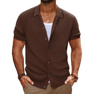 imagePJ PAUL JONES Mens Knit Shirts Short Sleeve Button Down Shirt Vintage Polo Shirt Casual Summer Beach ShirtsCoffee