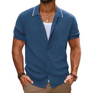 imagePJ PAUL JONES Mens Knit Shirts Short Sleeve Button Down Shirt Vintage Polo Shirt Casual Summer Beach ShirtsIndigo