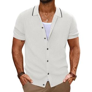 imagePJ PAUL JONES Mens Knit Shirts Short Sleeve Button Down Shirt Vintage Polo Shirt Casual Summer Beach ShirtsIvory White