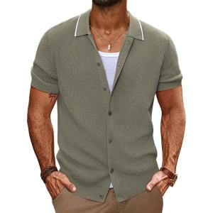 imagePJ PAUL JONES Mens Knit Shirts Short Sleeve Button Down Shirt Vintage Polo Shirt Casual Summer Beach ShirtsKhaki Green