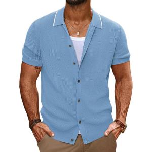 imagePJ PAUL JONES Mens Knit Shirts Short Sleeve Button Down Shirt Vintage Polo Shirt Casual Summer Beach ShirtsLight Blue