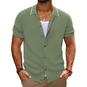 imagePJ PAUL JONES Mens Knit Shirts Short Sleeve Button Down Shirt Vintage Polo Shirt Casual Summer Beach ShirtsLight Green