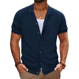 imagePJ PAUL JONES Mens Knit Shirts Short Sleeve Button Down Shirt Vintage Polo Shirt Casual Summer Beach ShirtsNavy