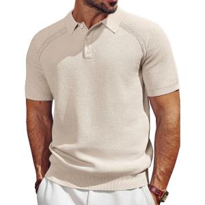 imagePJ PAUL JONES Mens Polo Shirt Short Sleeve Textured Knit Button Shirts Raglan Sleeve Casual Golf ShirtBeige