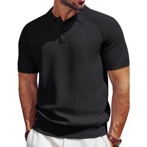 imagePJ PAUL JONES Mens Polo Shirt Short Sleeve Textured Knit Button Shirts Raglan Sleeve Casual Golf ShirtBlack