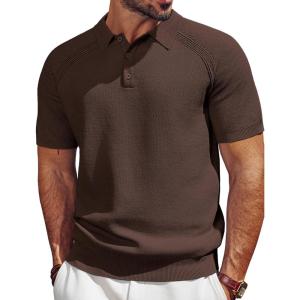 imagePJ PAUL JONES Mens Polo Shirt Short Sleeve Textured Knit Button Shirts Raglan Sleeve Casual Golf ShirtCoffee