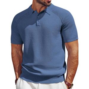 imagePJ PAUL JONES Mens Polo Shirt Short Sleeve Textured Knit Button Shirts Raglan Sleeve Casual Golf ShirtDark Blue