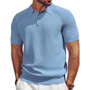 imagePJ PAUL JONES Mens Polo Shirt Short Sleeve Textured Knit Button Shirts Raglan Sleeve Casual Golf ShirtDusty Blue