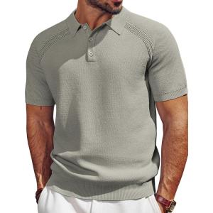 imagePJ PAUL JONES Mens Polo Shirt Short Sleeve Textured Knit Button Shirts Raglan Sleeve Casual Golf ShirtKhaqi