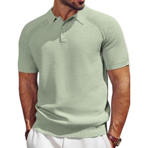 imagePJ PAUL JONES Mens Polo Shirt Short Sleeve Textured Knit Button Shirts Raglan Sleeve Casual Golf ShirtLight Green