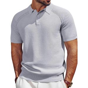 imagePJ PAUL JONES Mens Polo Shirt Short Sleeve Textured Knit Button Shirts Raglan Sleeve Casual Golf ShirtLight Grey