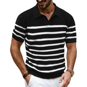 imagePJ PAUL JONES Mens Polo Shirt V Neck Striped Shirt Short Sleeve Casual ShirtsBlack