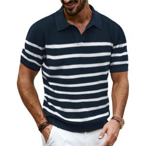 imagePJ PAUL JONES Mens Polo Shirt V Neck Striped Shirt Short Sleeve Casual ShirtsNavy Blue