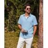 imagePJ PAUL JONES Mens Casual Button Down Shirt Short Sleeve Untucked Summer Shirts Fashion Textured Beach ShirtSky Blue