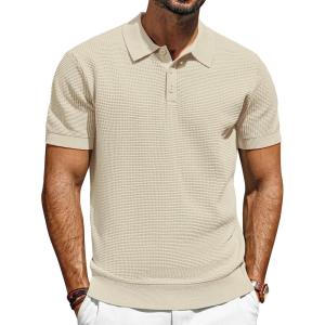 imagePJ PAUL JONES Knit Polo Shirts for Men Casual Short Sleeve Waffle Texture Polo Golf ShirtApricot
