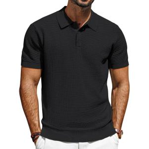 imagePJ PAUL JONES Knit Polo Shirts for Men Casual Short Sleeve Waffle Texture Polo Golf ShirtBlack