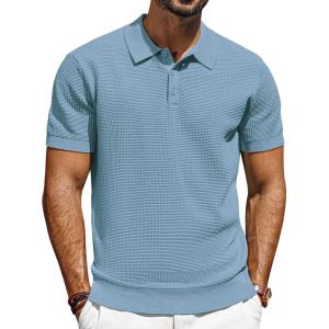 imagePJ PAUL JONES Knit Polo Shirts for Men Casual Short Sleeve Waffle Texture Polo Golf ShirtBlue