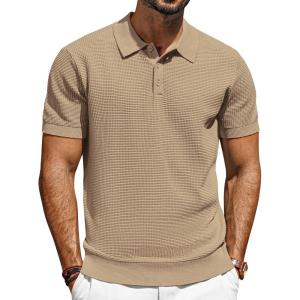 imagePJ PAUL JONES Knit Polo Shirts for Men Casual Short Sleeve Waffle Texture Polo Golf ShirtCamel