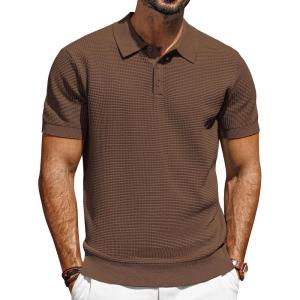 imagePJ PAUL JONES Knit Polo Shirts for Men Casual Short Sleeve Waffle Texture Polo Golf ShirtCoffee Green