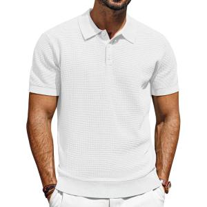 imagePJ PAUL JONES Knit Polo Shirts for Men Casual Short Sleeve Waffle Texture Polo Golf ShirtIvory