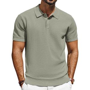imagePJ PAUL JONES Knit Polo Shirts for Men Casual Short Sleeve Waffle Texture Polo Golf ShirtKhaki Green