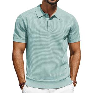imagePJ PAUL JONES Knit Polo Shirts for Men Casual Short Sleeve Waffle Texture Polo Golf ShirtLight Green