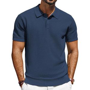 imagePJ PAUL JONES Knit Polo Shirts for Men Casual Short Sleeve Waffle Texture Polo Golf ShirtNavy Blue