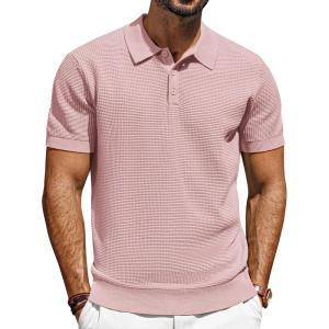 imagePJ PAUL JONES Knit Polo Shirts for Men Casual Short Sleeve Waffle Texture Polo Golf ShirtPink
