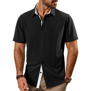 imagePJ PAUL JONES Mens Button Down Short Sleeve Shirts Casual WrinkleFree Dress Shirts Summer BeachBlack