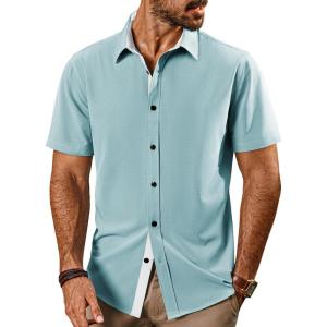 imagePJ PAUL JONES Mens Button Down Short Sleeve Shirts Casual WrinkleFree Dress Shirts Summer BeachBlue