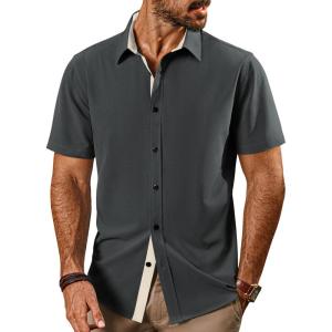 imagePJ PAUL JONES Mens Button Down Short Sleeve Shirts Casual WrinkleFree Dress Shirts Summer BeachGrey Black