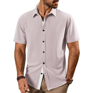 imagePJ PAUL JONES Mens Button Down Short Sleeve Shirts Casual WrinkleFree Dress Shirts Summer BeachGrey Pink