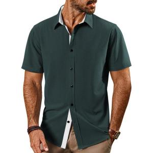 imagePJ PAUL JONES Mens Button Down Short Sleeve Shirts Casual WrinkleFree Dress Shirts Summer BeachOlive Green
