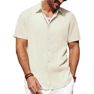 imagePJ PAUL JONES Mens Casual Button Down Shirt Short Sleeve Untucked Summer Shirts Fashion Textured Beach ShirtApricot