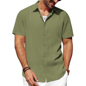 imagePJ PAUL JONES Mens Casual Button Down Shirt Short Sleeve Untucked Summer Shirts Fashion Textured Beach ShirtArmy Green