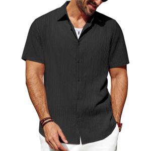 imagePJ PAUL JONES Mens Casual Button Down Shirt Short Sleeve Untucked Summer Shirts Fashion Textured Beach ShirtBlack