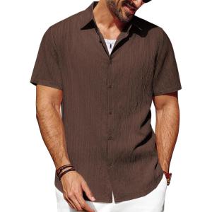 imagePJ PAUL JONES Mens Casual Button Down Shirt Short Sleeve Untucked Summer Shirts Fashion Textured Beach ShirtCoffee