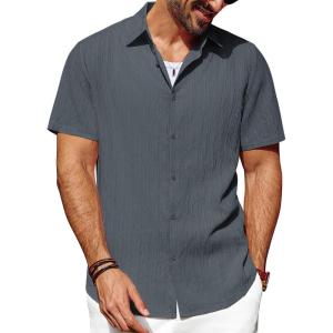 imagePJ PAUL JONES Mens Casual Button Down Shirt Short Sleeve Untucked Summer Shirts Fashion Textured Beach ShirtDark Gray